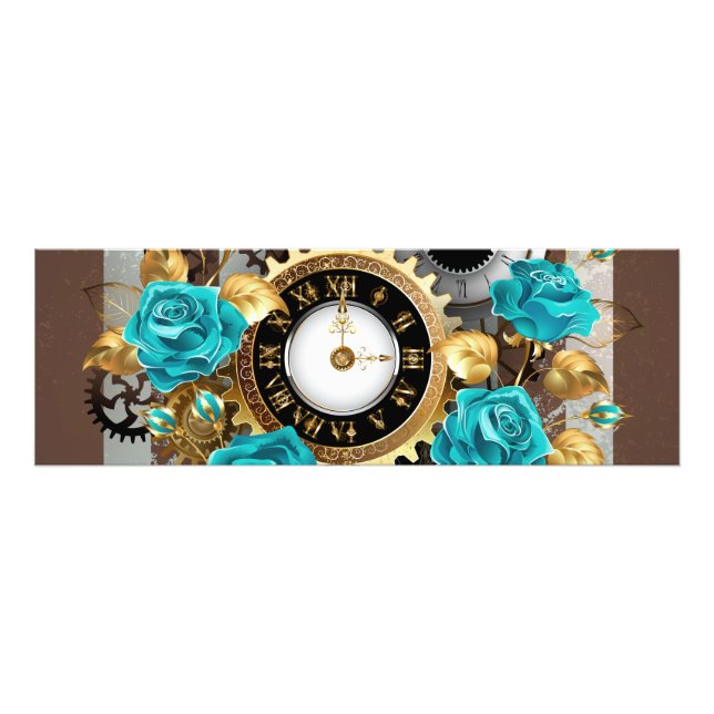 Steampunk Clock and Turquoise Roses on Striped Photo Print (Front)