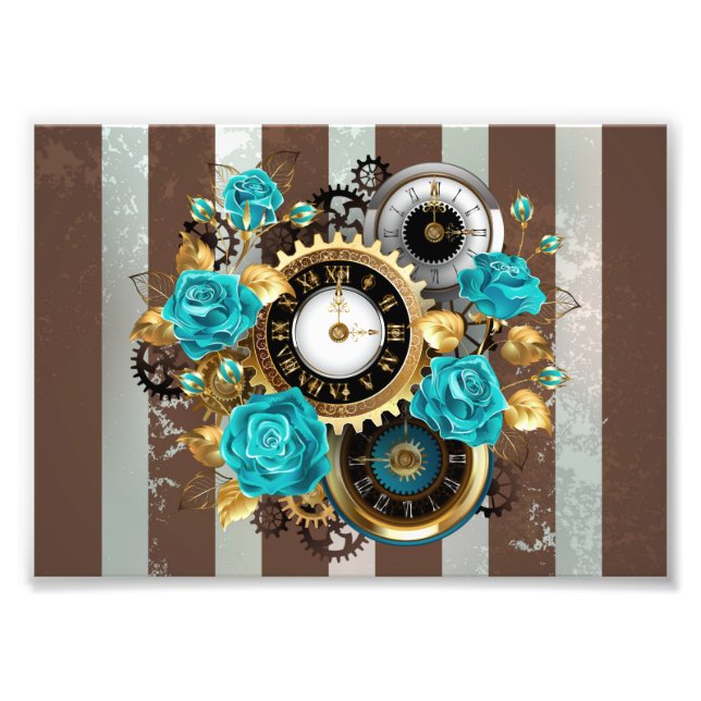 Steampunk Clock and Turquoise Roses on Striped Photo Print (Front)