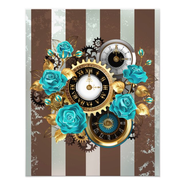 Steampunk Clock and Turquoise Roses on Striped Photo Print (Front)