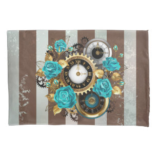 Steampunk Clock and Turquoise Roses on Striped Pillowcase