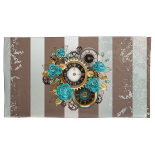 Steampunk Clock and Turquoise Roses on Striped Pillowcase