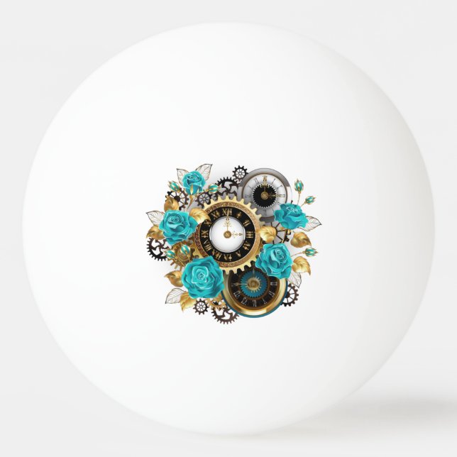 Steampunk Clock and Turquoise Roses on Striped Ping Pong Ball (Front)