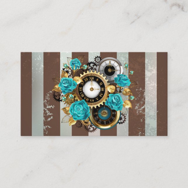 Steampunk Clock and Turquoise Roses on Striped Place Card (Front)