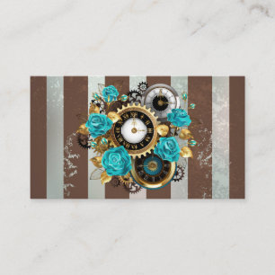 Steampunk Clock and Turquoise Roses on Striped Place Card