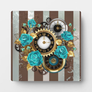 Steampunk Clock and Turquoise Roses on Striped Plaque