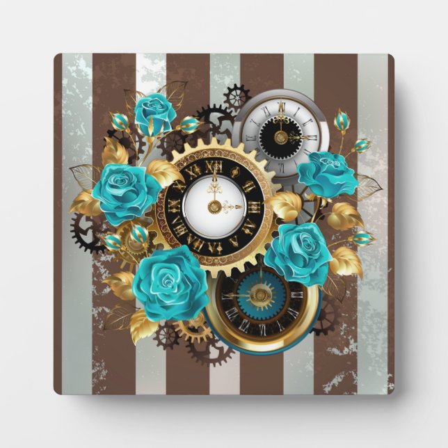 Steampunk Clock and Turquoise Roses on Striped Plaque (Front)