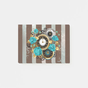 Steampunk Clock and Turquoise Roses on Striped Post-it Notes