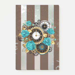 Steampunk Clock and Turquoise Roses on Striped Post-it Notes