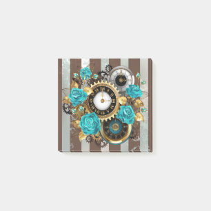 Steampunk Clock and Turquoise Roses on Striped Post-it Notes