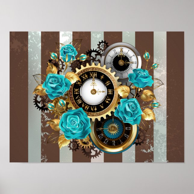 Steampunk Clock and Turquoise Roses on Striped Poster (Front)