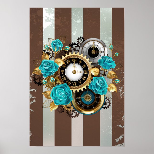 Steampunk Clock and Turquoise Roses on Striped Poster (Front)