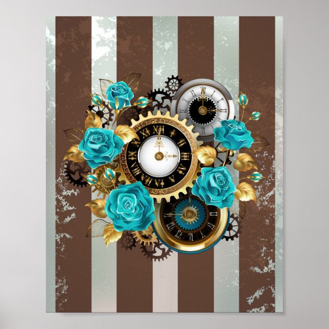 Steampunk Clock and Turquoise Roses on Striped Poster (Front)