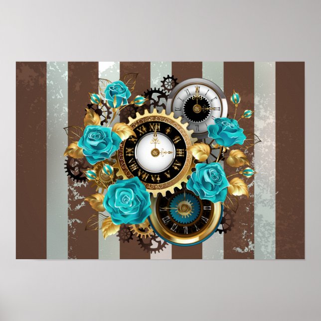 Steampunk Clock and Turquoise Roses on Striped Poster (Front)
