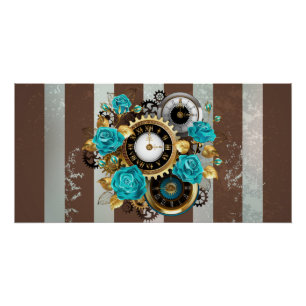 Steampunk Clock and Turquoise Roses on Striped Poster