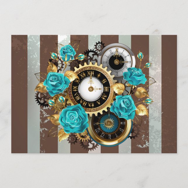 Steampunk Clock and Turquoise Roses on Striped Programme (Front)