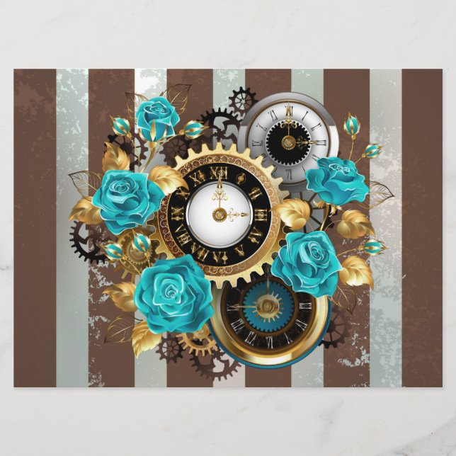 Steampunk Clock and Turquoise Roses on Striped Programme (Front)