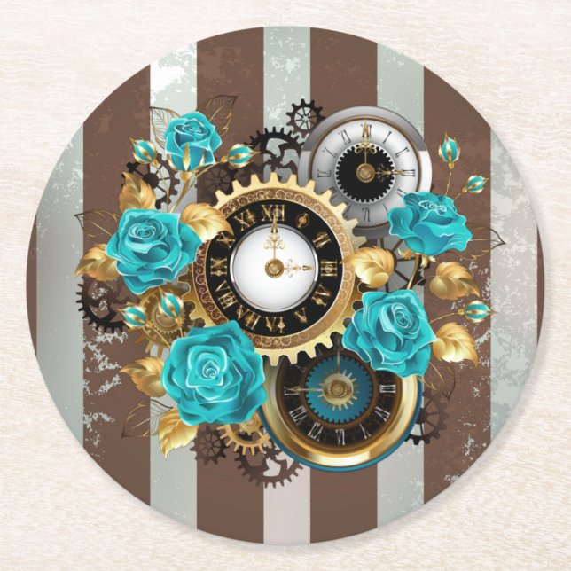 Steampunk Clock and Turquoise Roses on Striped Round Paper Coaster (Front)
