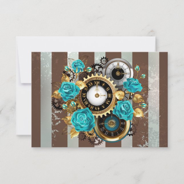 Steampunk Clock and Turquoise Roses on Striped Save The Date (Front)