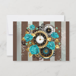 Steampunk Clock and Turquoise Roses on Striped Save The Date