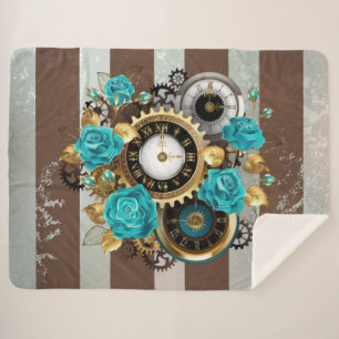 Steampunk Clock and Turquoise Roses on Striped Sherpa Blanket