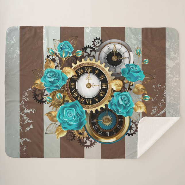 Steampunk Clock and Turquoise Roses on Striped Sherpa Blanket (Front (Horizontal))