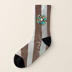 Steampunk Clock and Turquoise Roses on Striped Socks