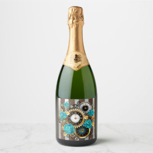 Steampunk Clock and Turquoise Roses on Striped Sparkling Wine Label