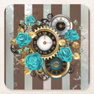 Steampunk Clock and Turquoise Roses on Striped Square Paper Coaster