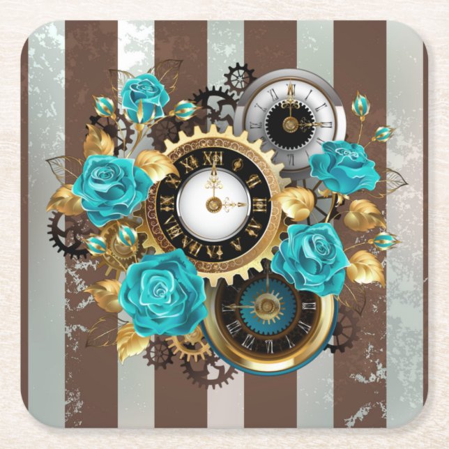 Steampunk Clock and Turquoise Roses on Striped Square Paper Coaster (Front)