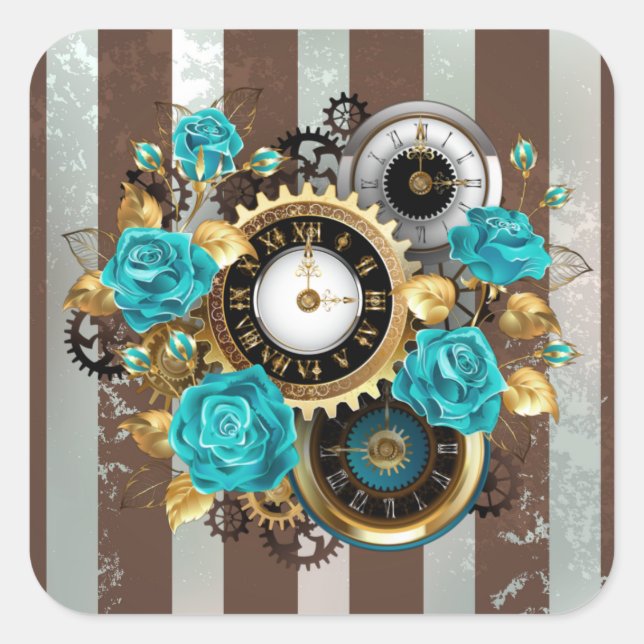Steampunk Clock and Turquoise Roses on Striped Square Sticker (Front)