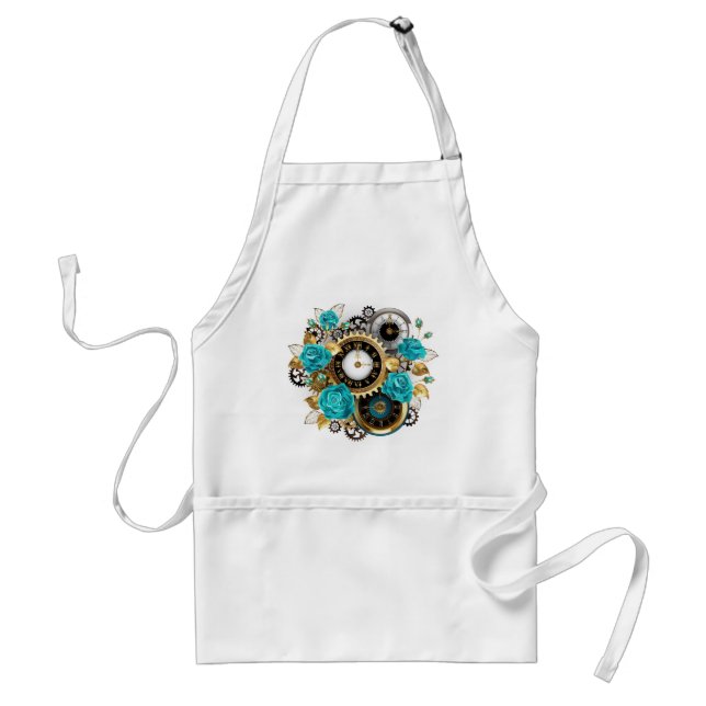 Steampunk Clock and Turquoise Roses on Striped Standard Apron (Front)
