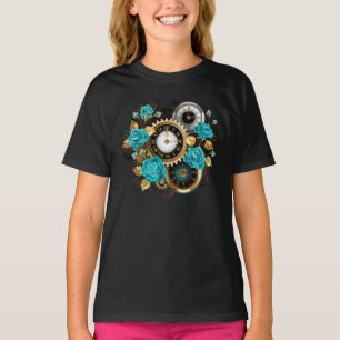 Steampunk Clock and Turquoise Roses on Striped T-Shirt