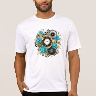 Steampunk Clock and Turquoise Roses on Striped T-Shirt
