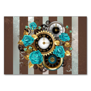Steampunk Clock and Turquoise Roses on Striped Table Number