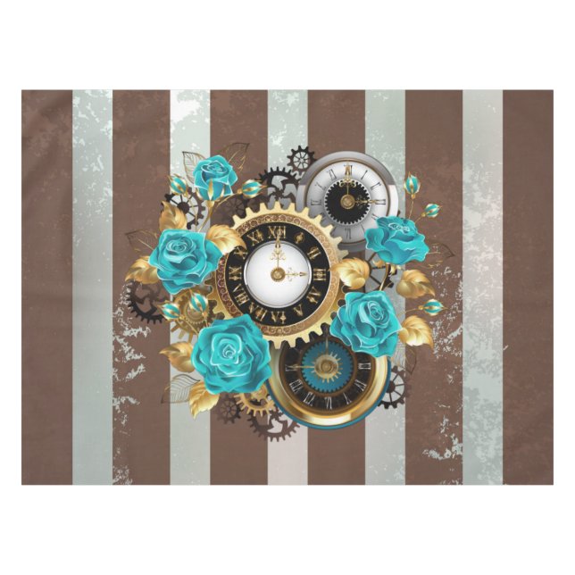 Steampunk Clock and Turquoise Roses on Striped Tablecloth (Front (Horizontal))