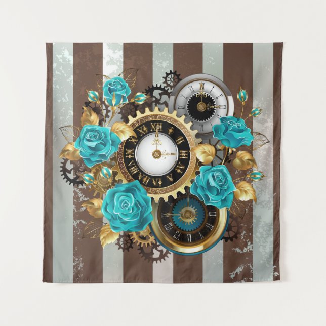 Steampunk Clock and Turquoise Roses on Striped Tapestry (Front (Horizontal))