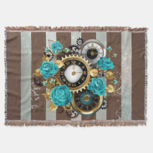 Steampunk Clock and Turquoise Roses on Striped Throw Blanket