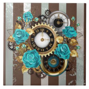 Steampunk Clock and Turquoise Roses on Striped Tile