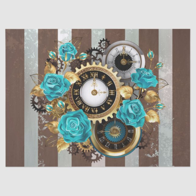Steampunk Clock and Turquoise Roses on Striped Tissue Paper (Front)