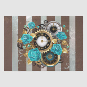 Steampunk Clock and Turquoise Roses on Striped Tissue Paper