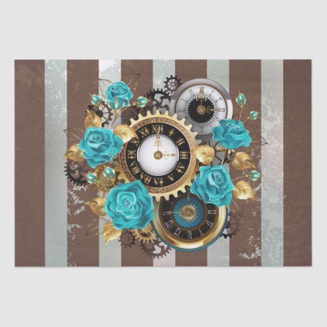 Steampunk Clock and Turquoise Roses on Striped Tissue Paper (Front)