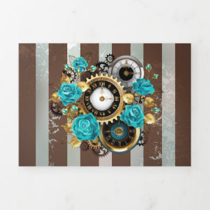 Steampunk Clock and Turquoise Roses on Striped Tri-Fold Announcement
