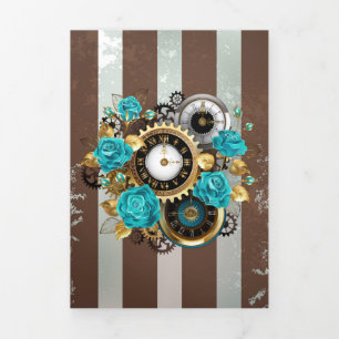 Steampunk Clock and Turquoise Roses on Striped Tri-Fold Card