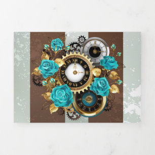 Steampunk Clock and Turquoise Roses on Striped Tri-Fold Invitation