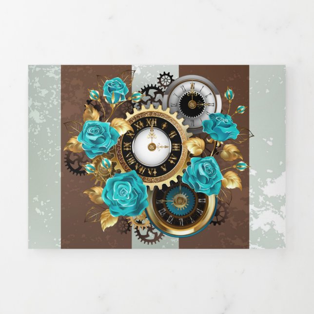 Steampunk Clock and Turquoise Roses on Striped  Tri-Fold Invitation (Cover)