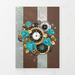 Steampunk Clock and Turquoise Roses on Striped Tri-Fold Invitation