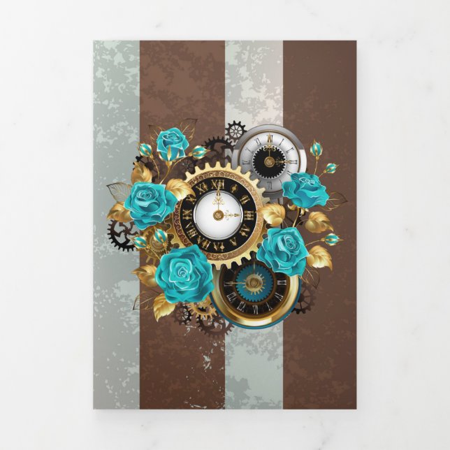 Steampunk Clock and Turquoise Roses on Striped Tri-Fold Invitation (Cover)