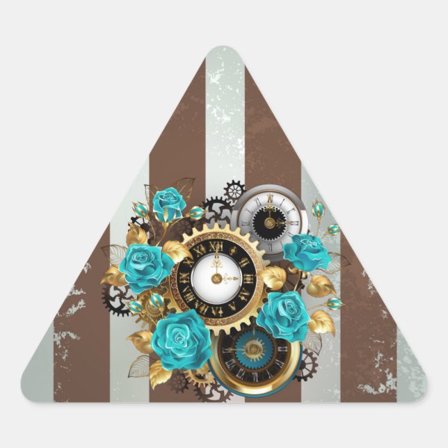 Steampunk Clock and Turquoise Roses on Striped Triangle Sticker (Front)