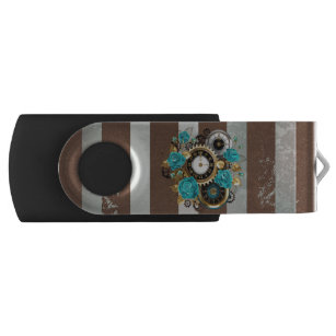 Steampunk Clock and Turquoise Roses on Striped USB Flash Drive