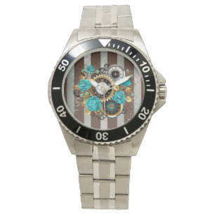 Steampunk Clock and Turquoise Roses on Striped Watch